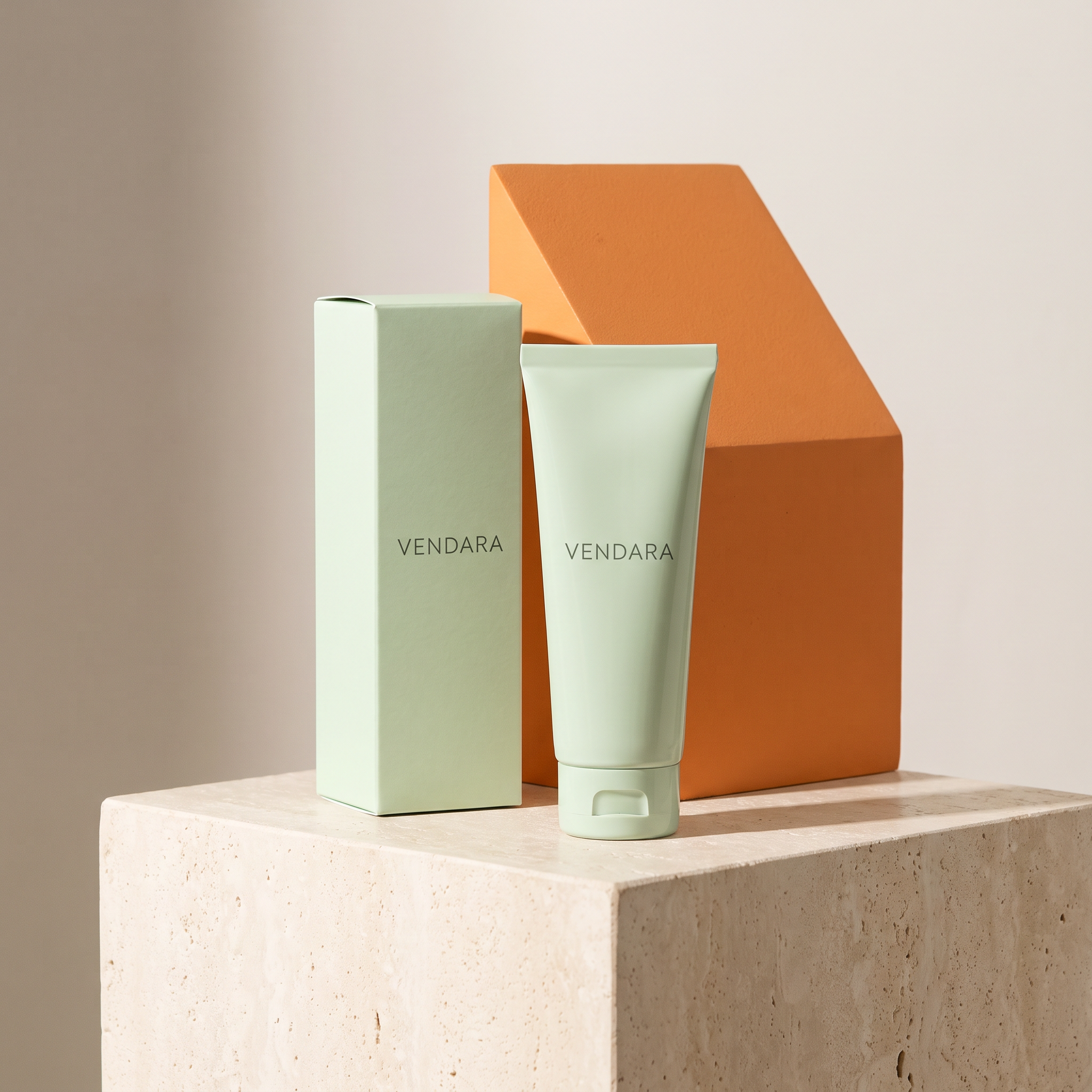 Still life de campanha de skincare da Vendara em lilás, verde sálvia e laranja