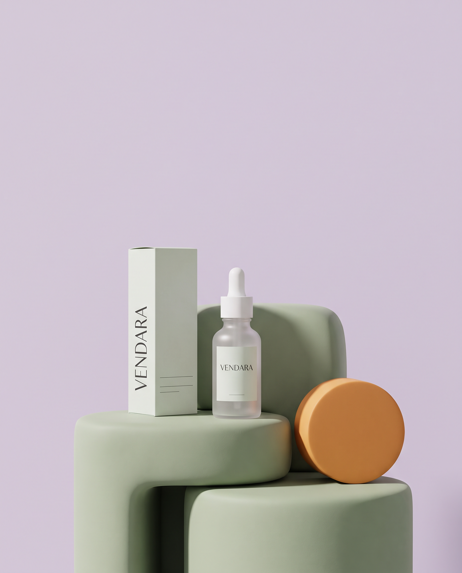 Campanha de skincare da Vendara com formas esculturais em tons pastel e direção editorial