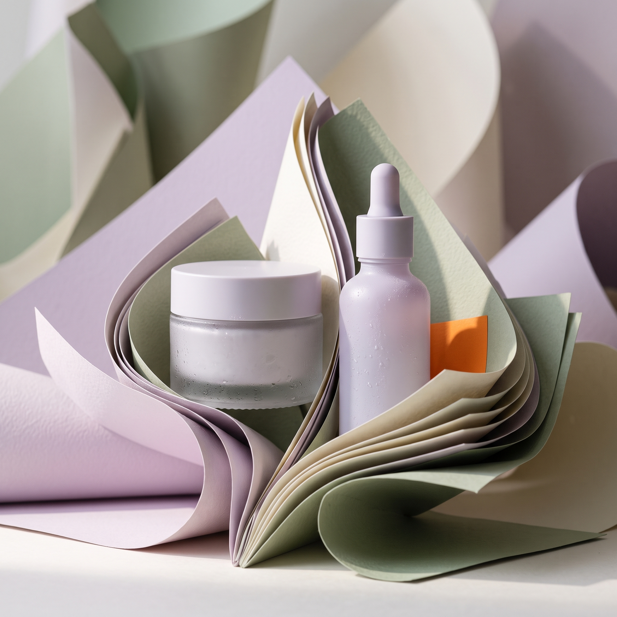 Vasos de skincare da Vendara em um still life pastel